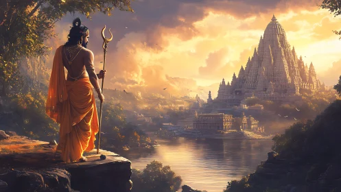 Sunlit warrior gazes across river at sacred mountain temple
