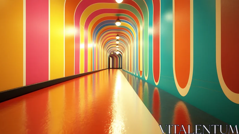 Colorful modern hallway with curved striped tunnel walls.