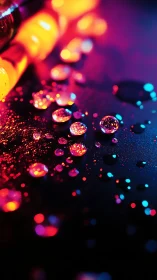 Neon droplets reflect vivid bokeh across dark textured surface