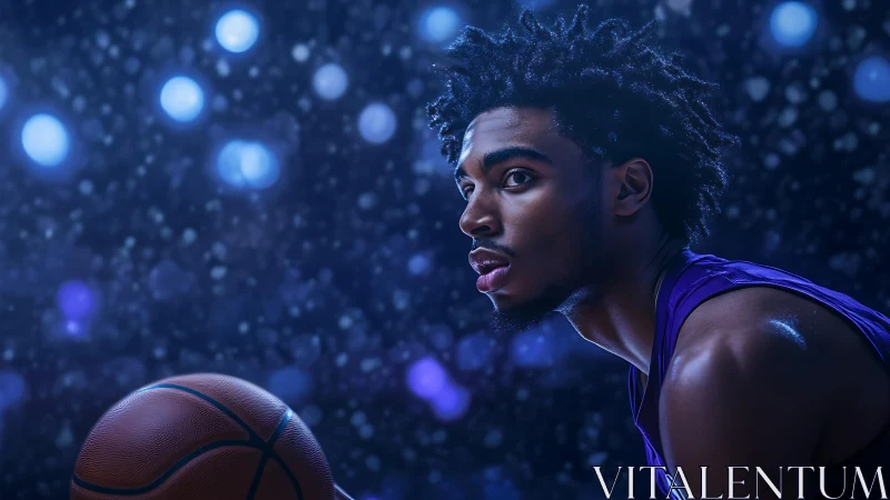 Intense basketball player in dramatic blue arena lights.