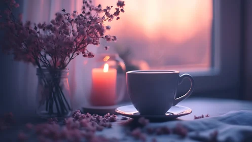 Soft-focus cup and candle scene uses shallow depth and warm bokeh