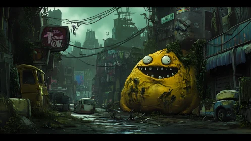 Post-apocalyptic alley with mutant mascot, digital painting.