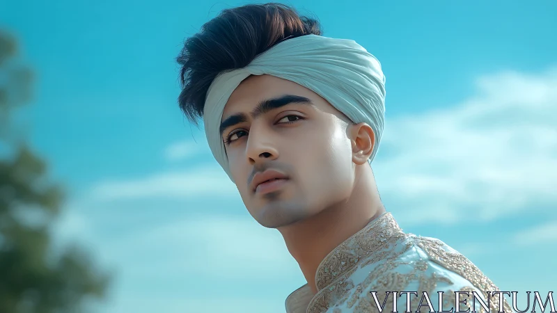 Skyward gaze of a turbaned dreamer in embroidered grace.