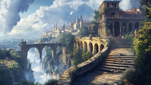 Terraced cliffside citadel and arched viaduct over misted gorge.