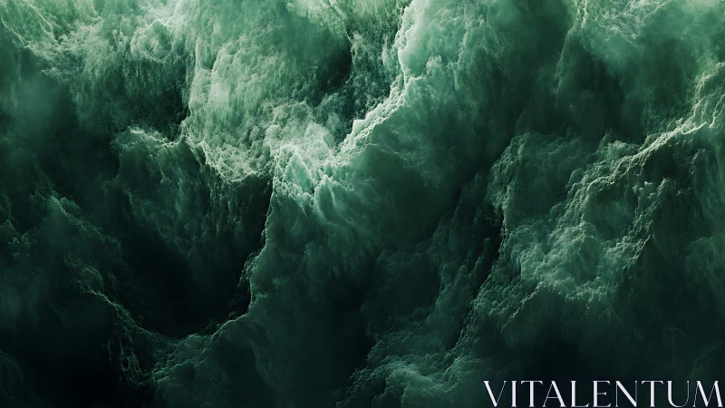 Turbulent dark green ocean waves form steep chaotic walls