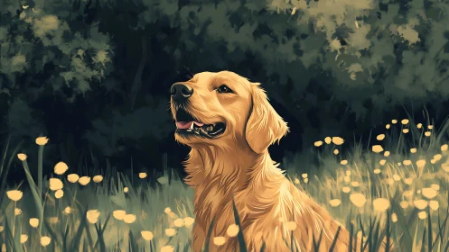 Golden retriever basks in gentle meadow sunlight with joy
