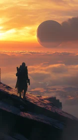 Lone cloaked explorer viewing colossal orbital sphere at dusk.