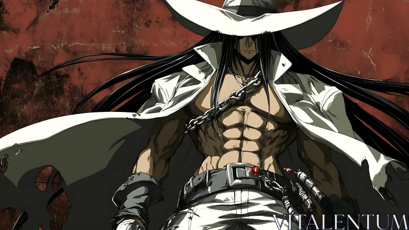 Hat-brimmed outlaw angel stalks a rust-red wasteland.