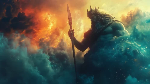 Mythic sky giant holding spear amid turbulent glowing clouds