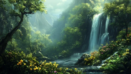 Lush green canyon with tall waterfall and wildflowers