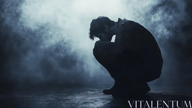 Silhouetted person crouching alone in dense atmospheric fog.