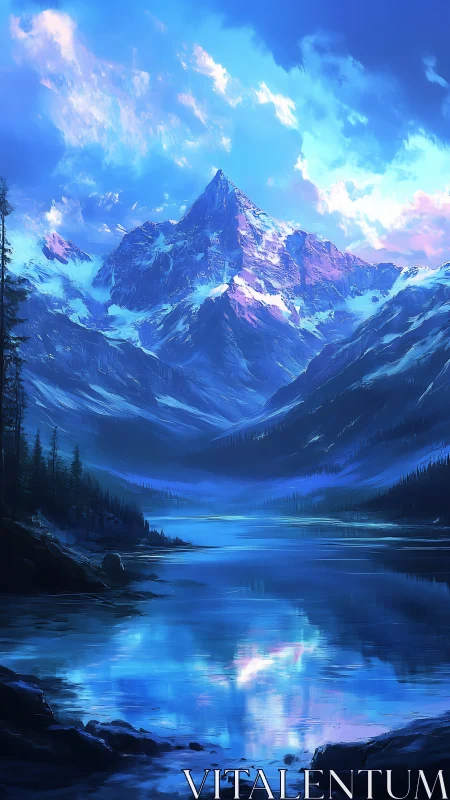 Mountain peak overlooks blue alpine lake under glowing sky