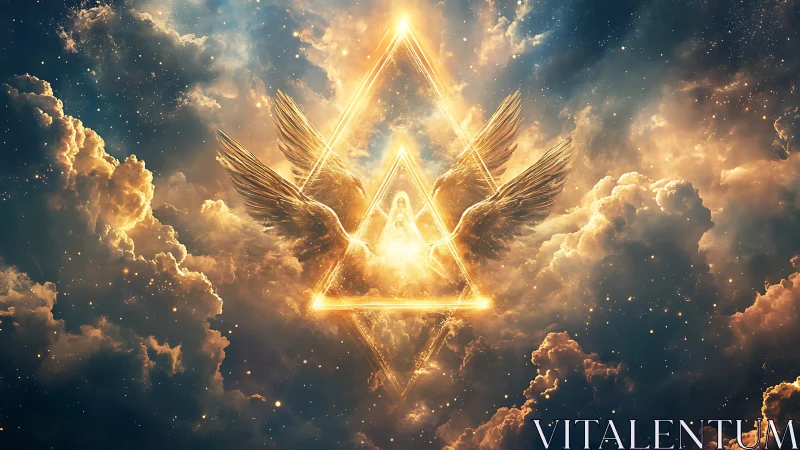 Celestial wings cradle a blazing triangle of luminous divinity