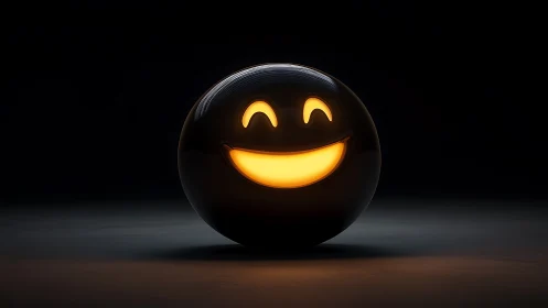 Smiling black sphere with internal amber glow on dark stage.