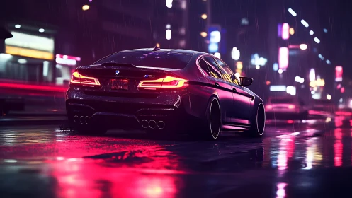 Rain-soaked performance sedan in neon-lit cyberpunk city street