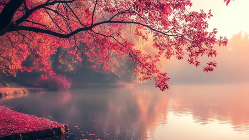 Digital painting of autumn lake with overhanging red maple canopy.