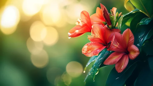 Red hibiscus flowers with water droplets on green stems and leaves.