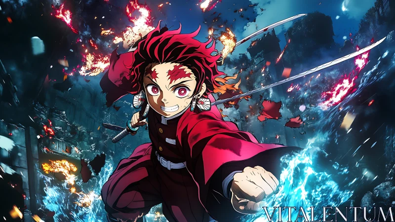 Anime swordsman advances through explosive, flame‑lit battlefield