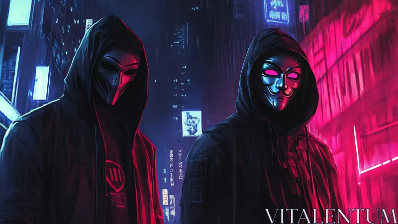 Masked hackers stand under neon rain in cyberpunk alley