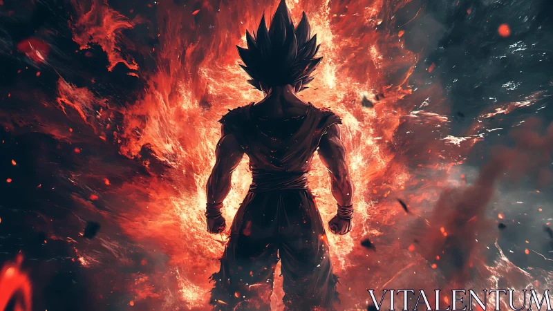 Backlit anime warrior stands engulfed in explosive flame aura