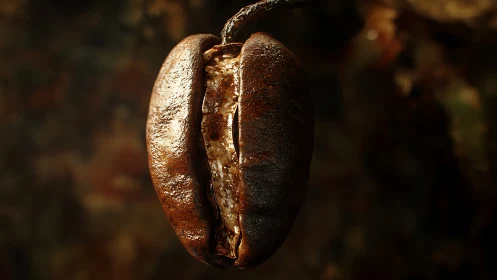 Macro coffee bean close-up with glossy crack and dark bokeh
