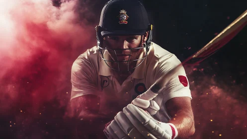 Cricket batsman in dynamic swing amid dramatic red smoke.