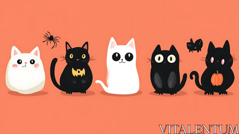Five cats with Halloween-themed designs on orange background