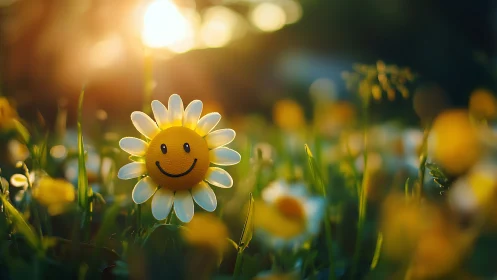 Anthropomorphic Daisy with Smiley Expression in Golden Hour Field.