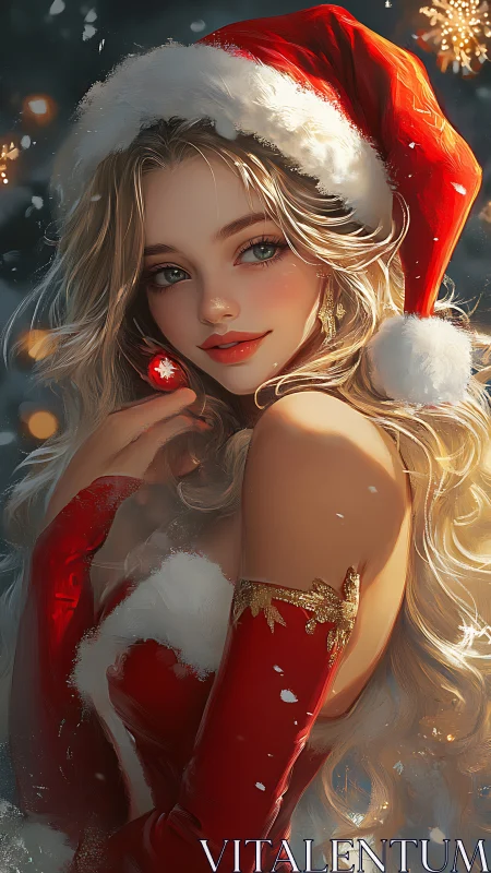 Christmas muse in red velvet dress under soft snowfall.