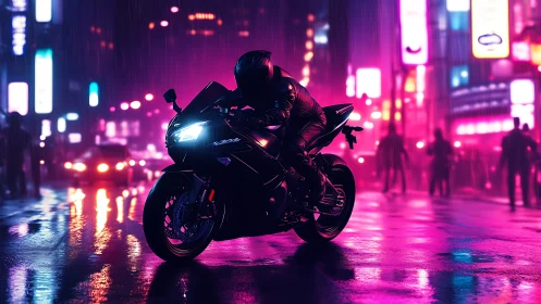 Neon-lit superbike accelerates through rain-soaked cyberpunk street