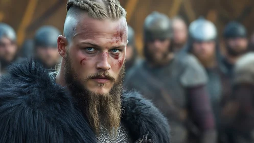 Photorealistic Viking warrior portrait with cinematic depth of field.