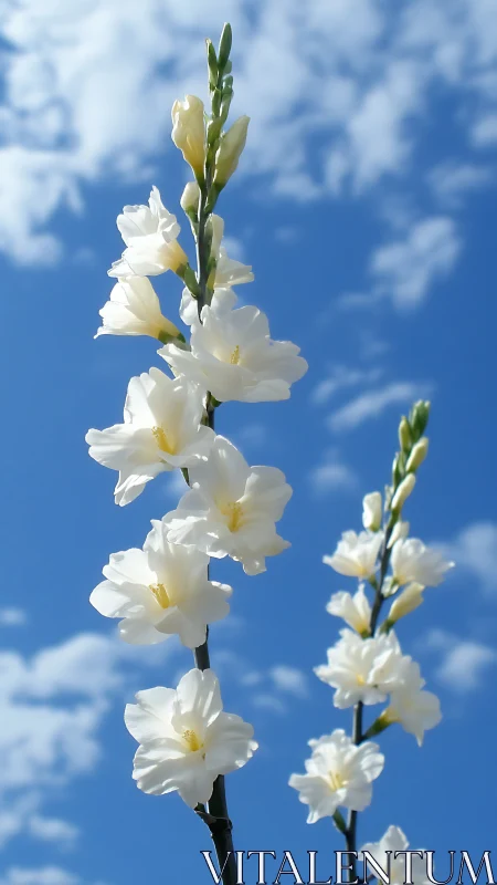 White Gladiolus Flowers Against Blue Sky