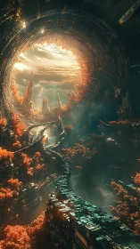 Sunlit sky portal over a winding futuristic canyon world.