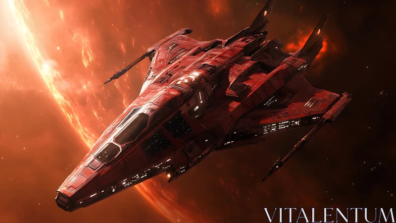 Red angular starship gliding past bright orange planet.