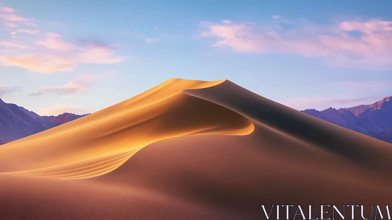 Sunlit desert dune ridge under clear pastel evening sky.
