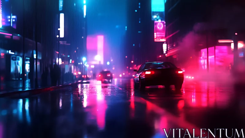 Nighttime city street with neon lights and wet pavement.