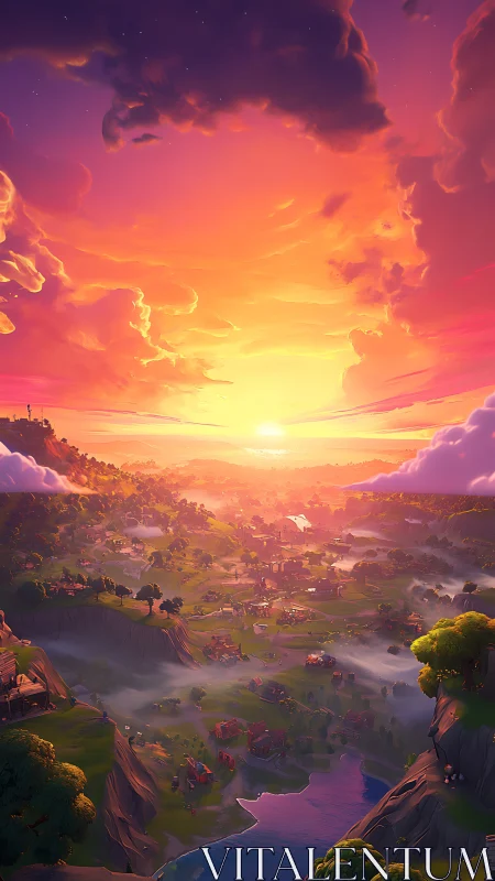 Golden sunrise pours over a peaceful valley of rolling hills