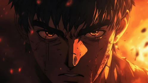 Burning resolve in close-up anime portrait of fierce warrior.
