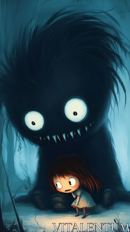 Child and shadow creature in dim blue forest scene.