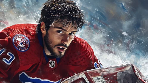 Gritty ice hockey goalie leans forward in charged, icy arena