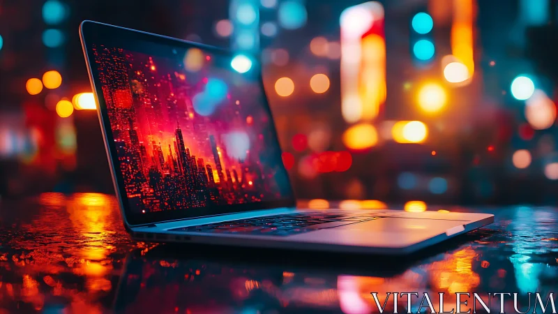 Open laptop on wet surface with neon urban reflections.
