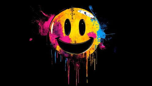 Neon smiley face melts into wild splashes of urban color.