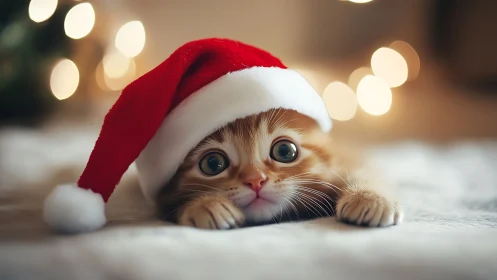 Tiny Christmas kitten peeking out in a cozy Santa hat.