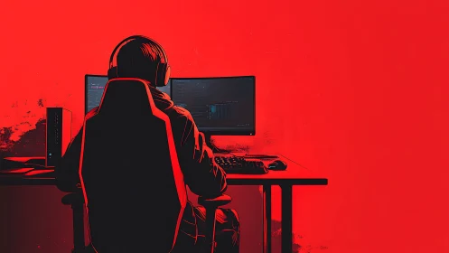 Hooded computer user at dual monitors in red workspace.