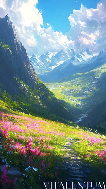 Mountain valley trail with wildflower meadow under clear sky.