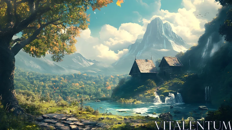 Cozy mountain cottages beside a sparkling forest lagoon.