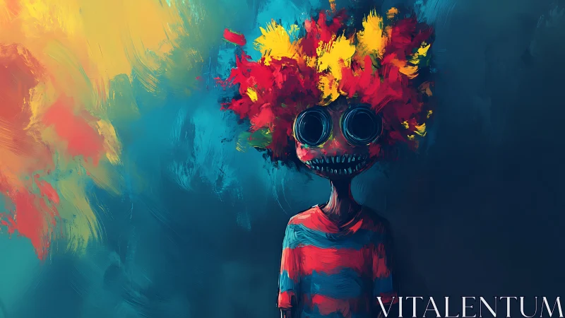 Surreal figure with neon afro contrasts against vivid void.