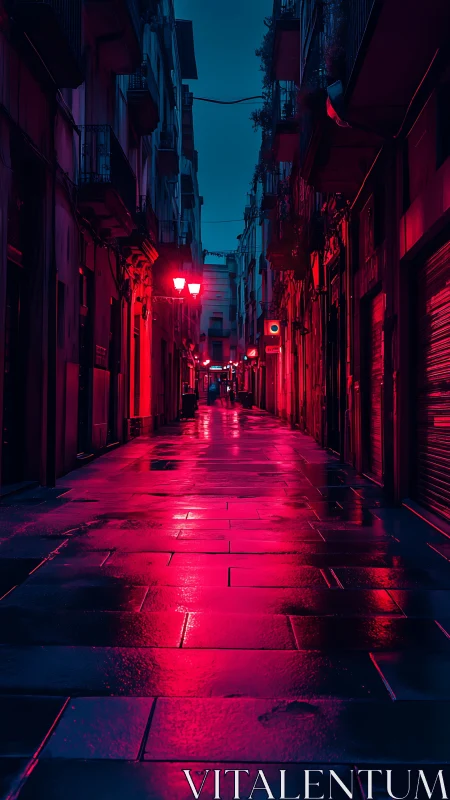 Neon lit narrow street with wet pavement at nighttime.