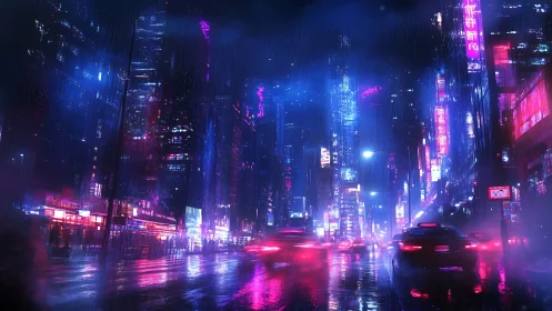 Neon city street shows wet roadway and blurred night traffic