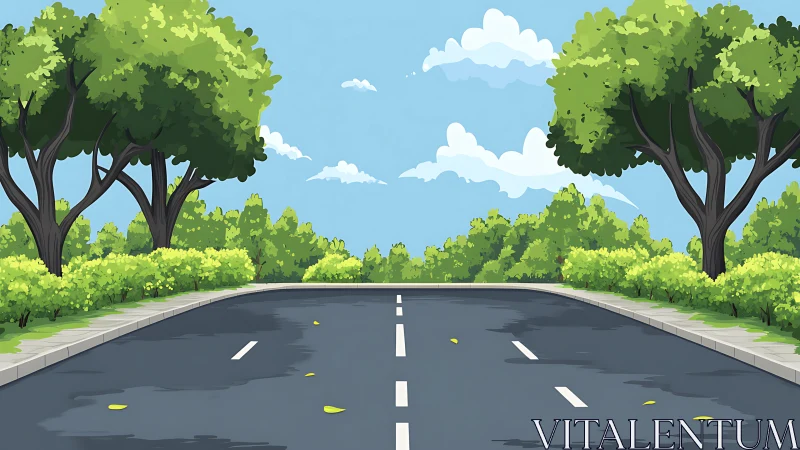 Tree-lined asphalt road under clear blue sky illustration.